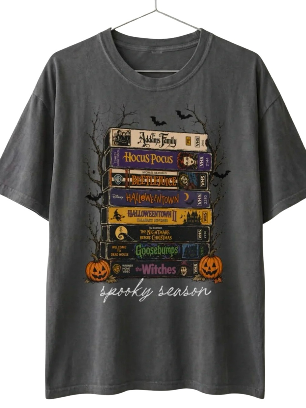 Spooky Season Halloween Movie VHS Stack Comfort Colors Pepper Tee